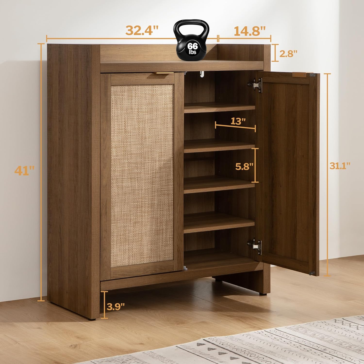 SICOTAS Shoe Cabinet, 24 Pair Shoe Storage Organizer Cabinet, 41 Tall Rattan Shoe Cabinet with Doors and Shelves, 6-Tier Farmhouse Boho Wooden Storage Cabinet for Entryway Hallway Closet