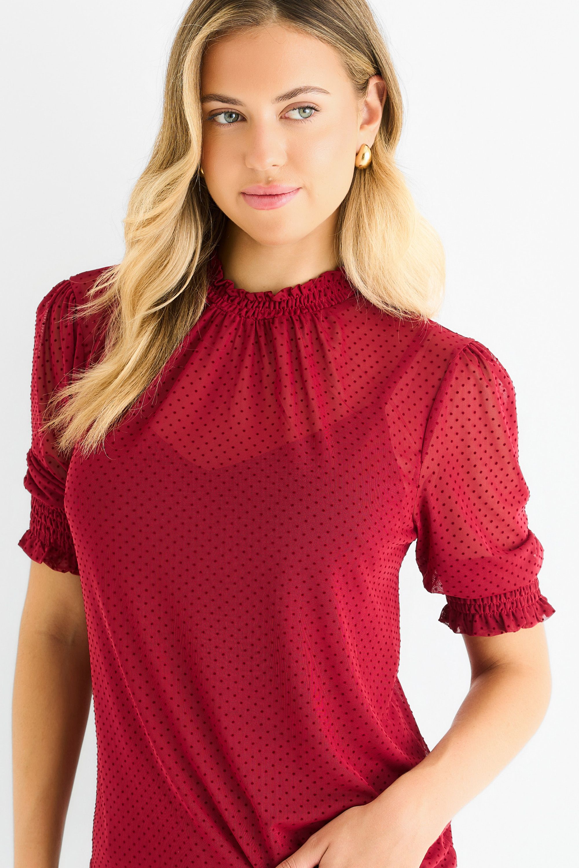 Gini London Red High Neck Lace Loose Fit Blouse