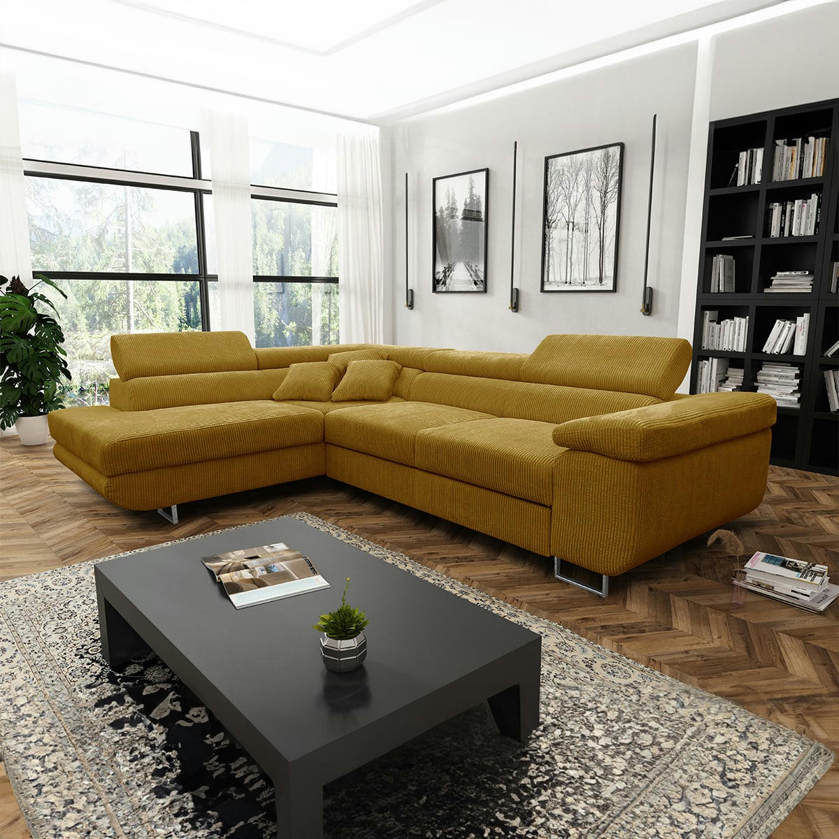 - Canapé d'angle convertible gauche 4 places coffre velours côtelé jaune