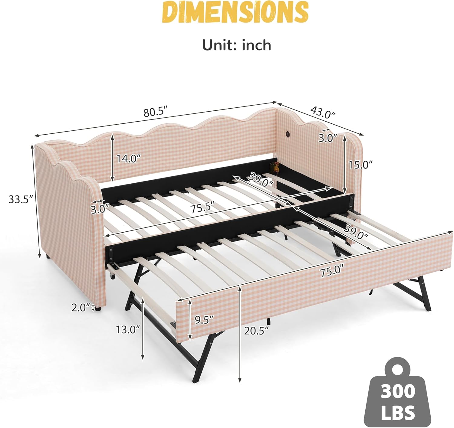 DEINPPA Twin Size Upholstered Daybed with Trundle, Gingham Daybed with USB Ports for Bedroom Living Room Guest Room-Pink