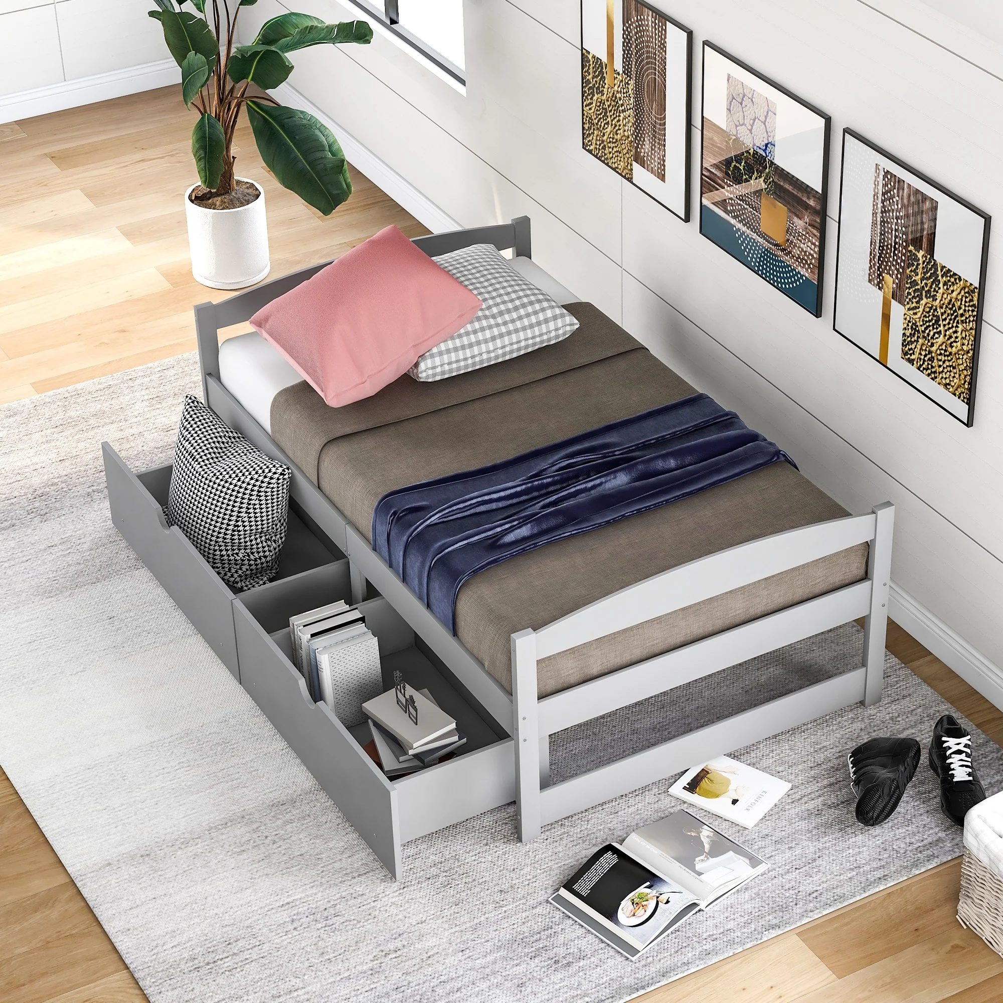 Twin Size Platform Bed with Two Drawers, Space-Saving Storage