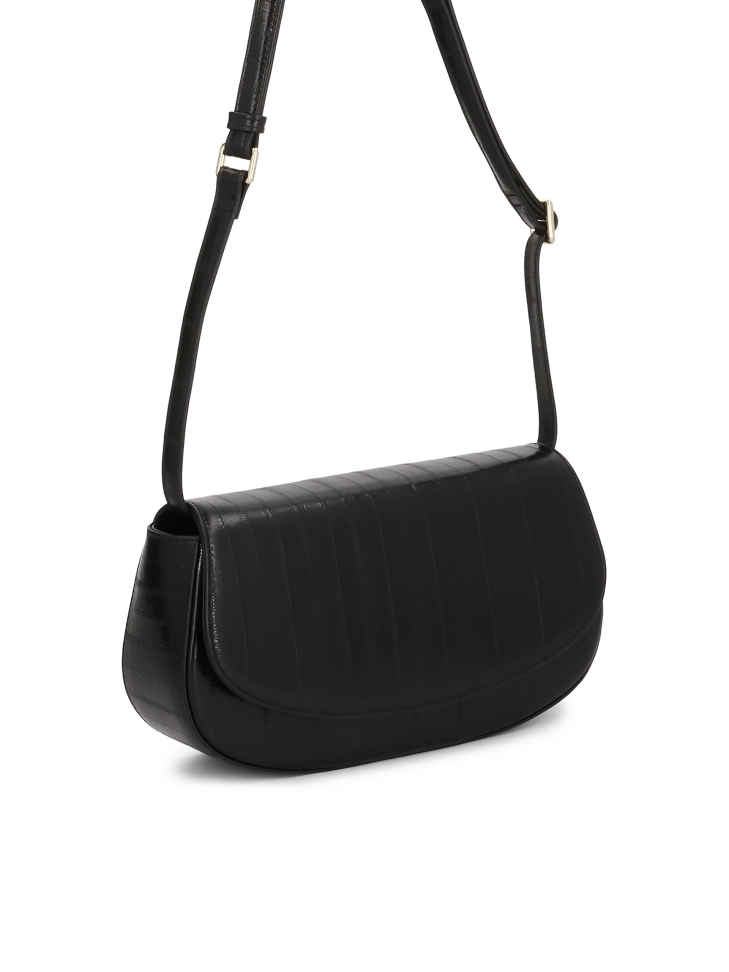 Black rigid handbag with a unique pattern