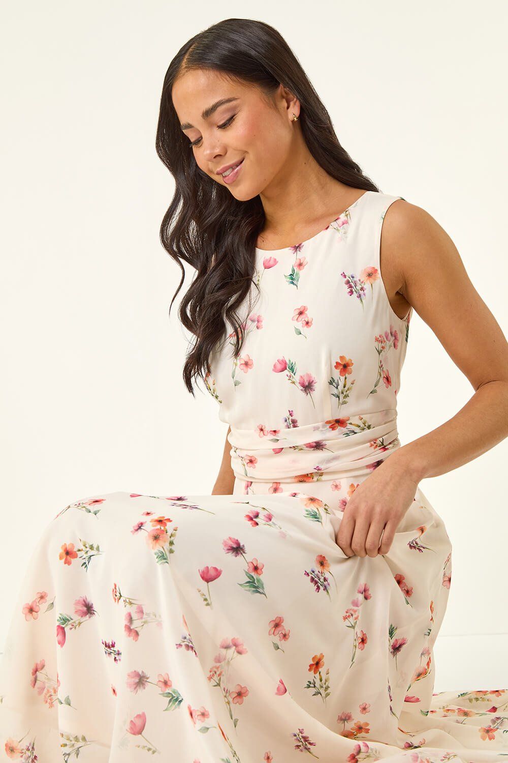 Roman Petite Floral Ruched Waist Maxi Dress