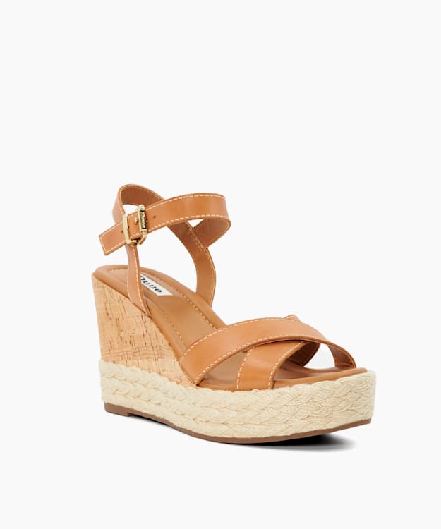 Kindest Tan - Leather Cork And Woven Wedge Sandals