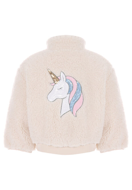 Younger Girls Cream Unicorn Borg Zip Through Jacket