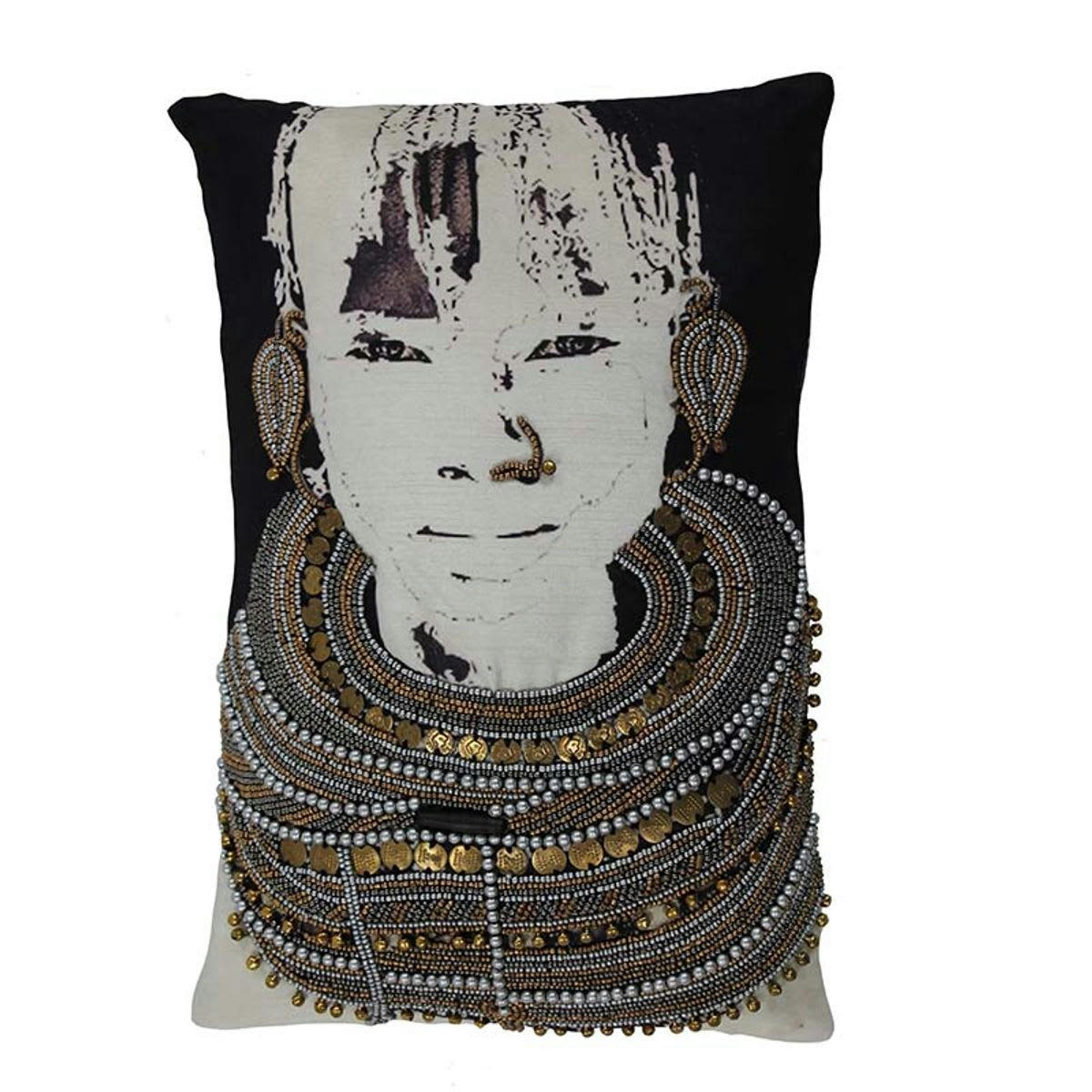 BIRMAN - Coussin imprimé brodé de perles noir 30x45