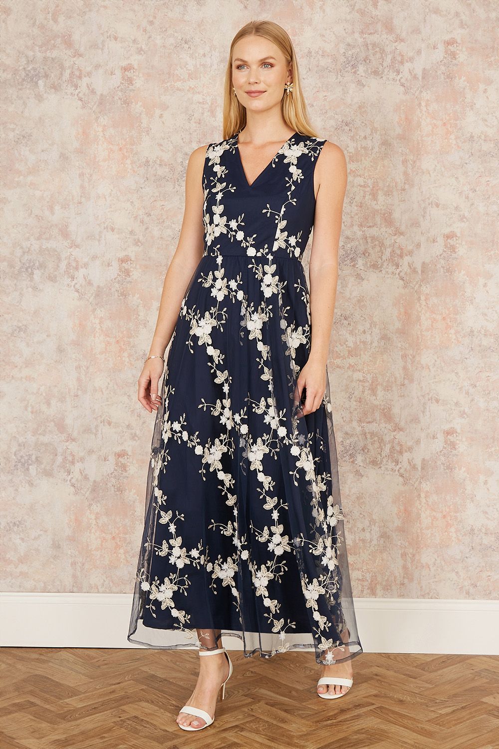 Yumi Yumi Navy Mesh Embroidered Maxi Dress