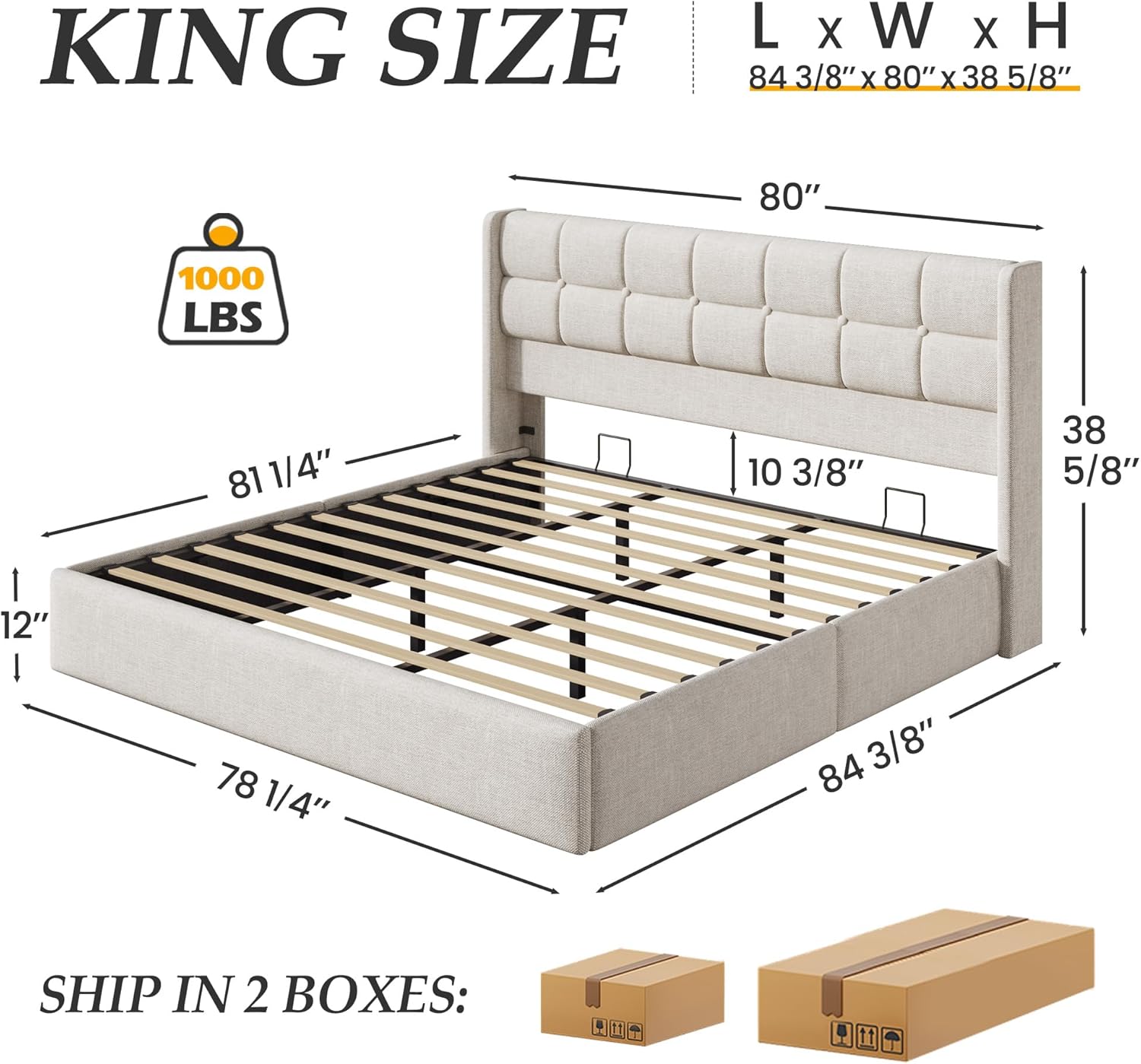 Lifezone King Lift Up Storage Bed Frame, Linen Upholstered Platform with Button Tufted Wingback Headboard, Under-Bed Storage, Hydraulic Support, No Box Spring Needed, Shipped in 2 Boxes, Light Beige