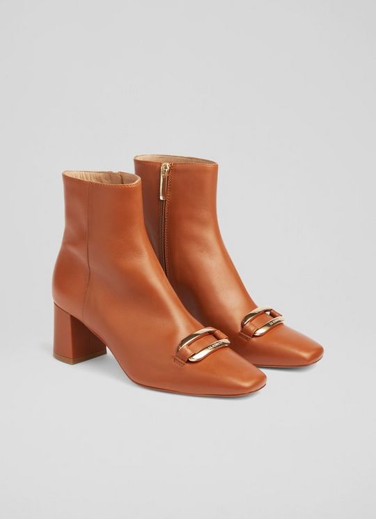 Novella Tan Leather Gold Bar Ankle Boots