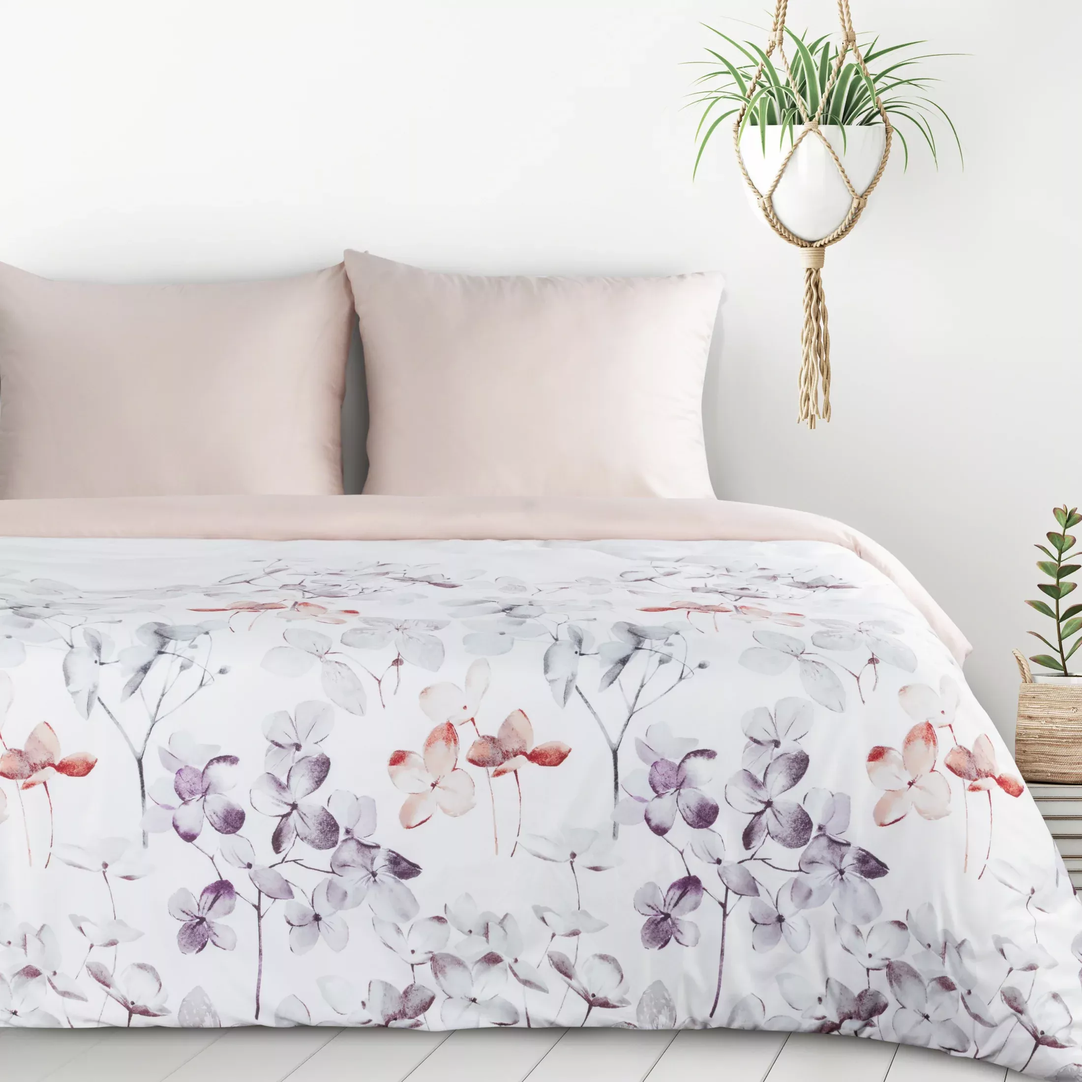 Pościel 140x200 cm komplet 2 częściowy kolor biało, pudrowy z motywem kwiatów VERONO7 Design 91