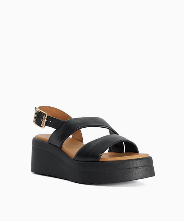 Karing Black - Leather Asymmetric Strap Wedge Sandals