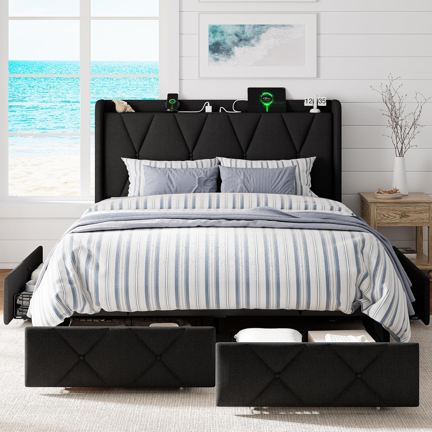 Queen Bed Frame with 4 Storage Drawers, Upholstered Platform Bed with Charging Station, Modern Wingback Storage Headboard, Easy Assembly,Noise-Free, Black