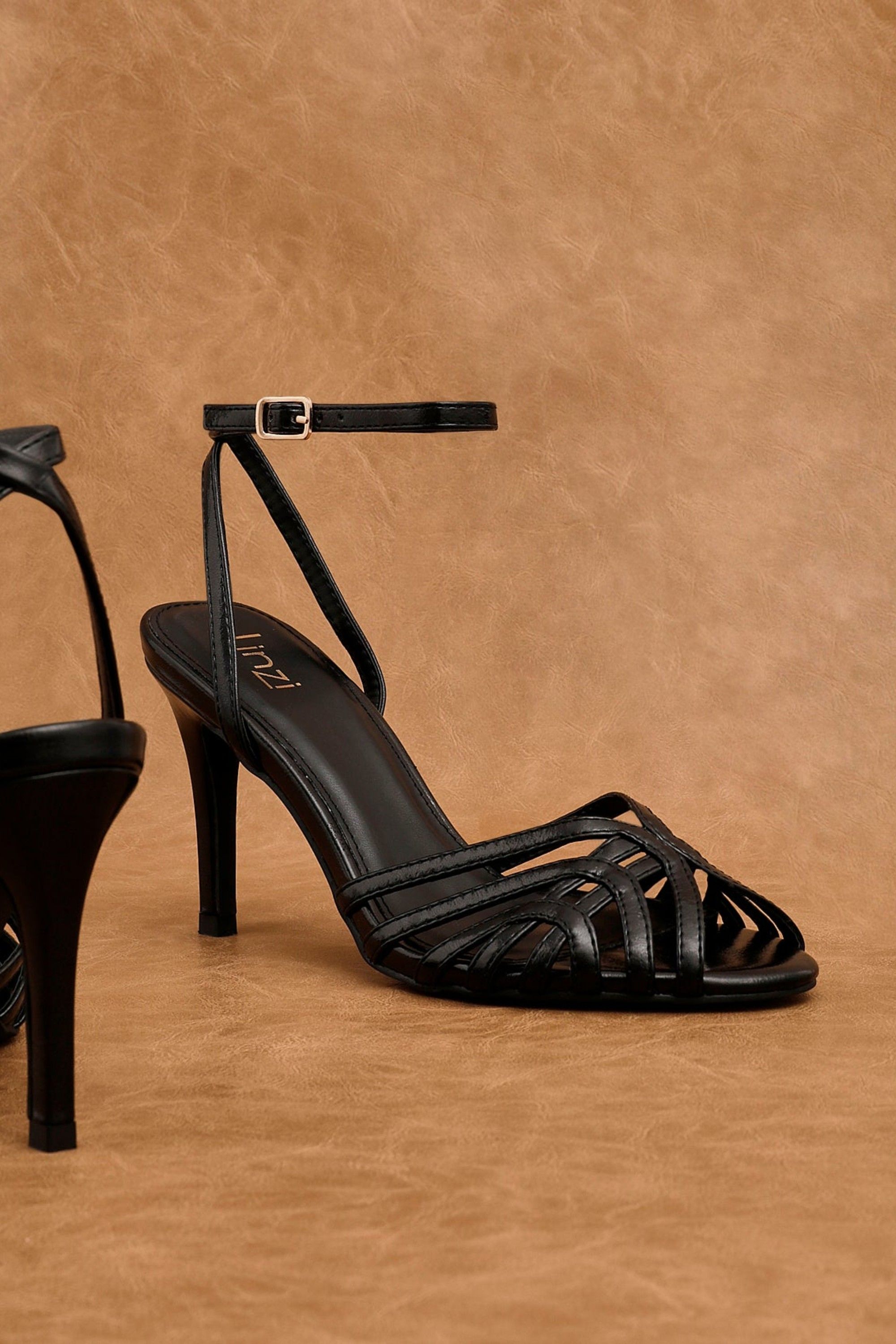 Linzi Eros Black Faux Leather Caged Stiletto Heel
