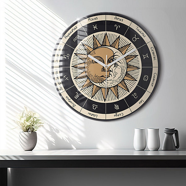 Horloge murale Wallfluent fi60 cm Aiguilles blanches Soleil et signes du zodiaque 1 pcs