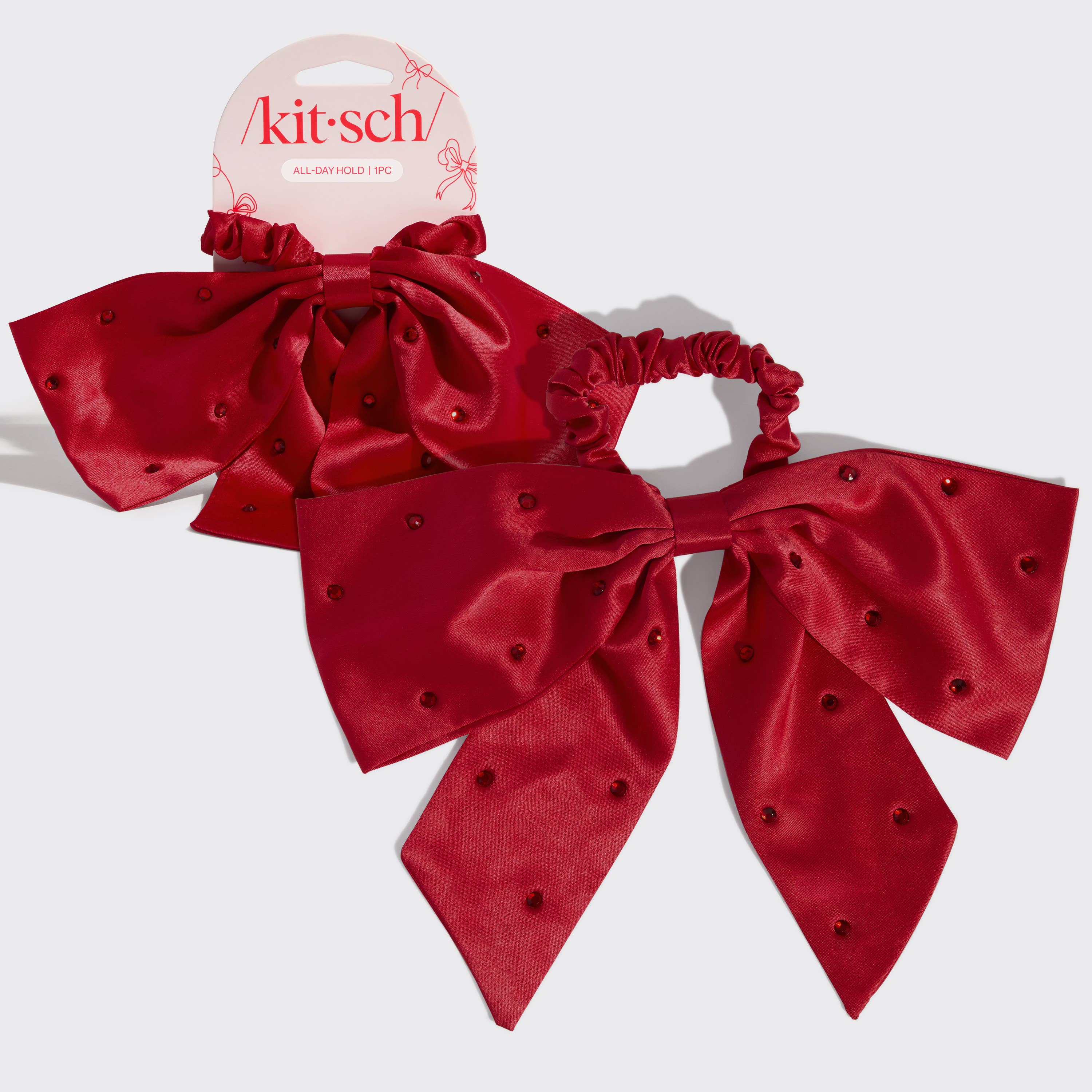 Holiday Satin & Rhinestone Bow Scrunchie