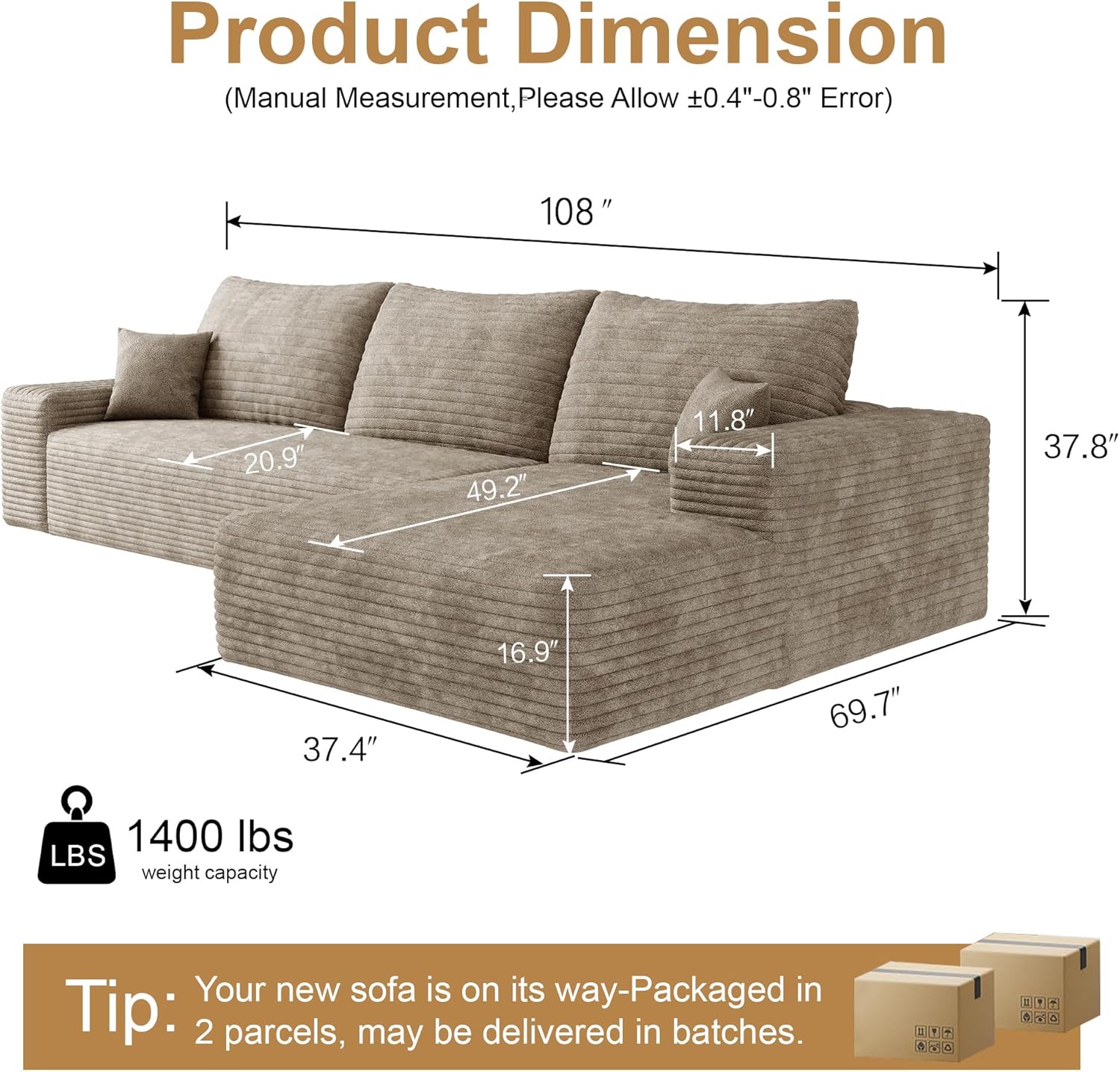 108 Sectional Couches for Living Room Modern Modular Sofa with L-Shape Couchs Upholstered Boneless Couch Deep Seat Sectional Couch with Chaise (Camel, Right Facing Chaise+2Seaters)