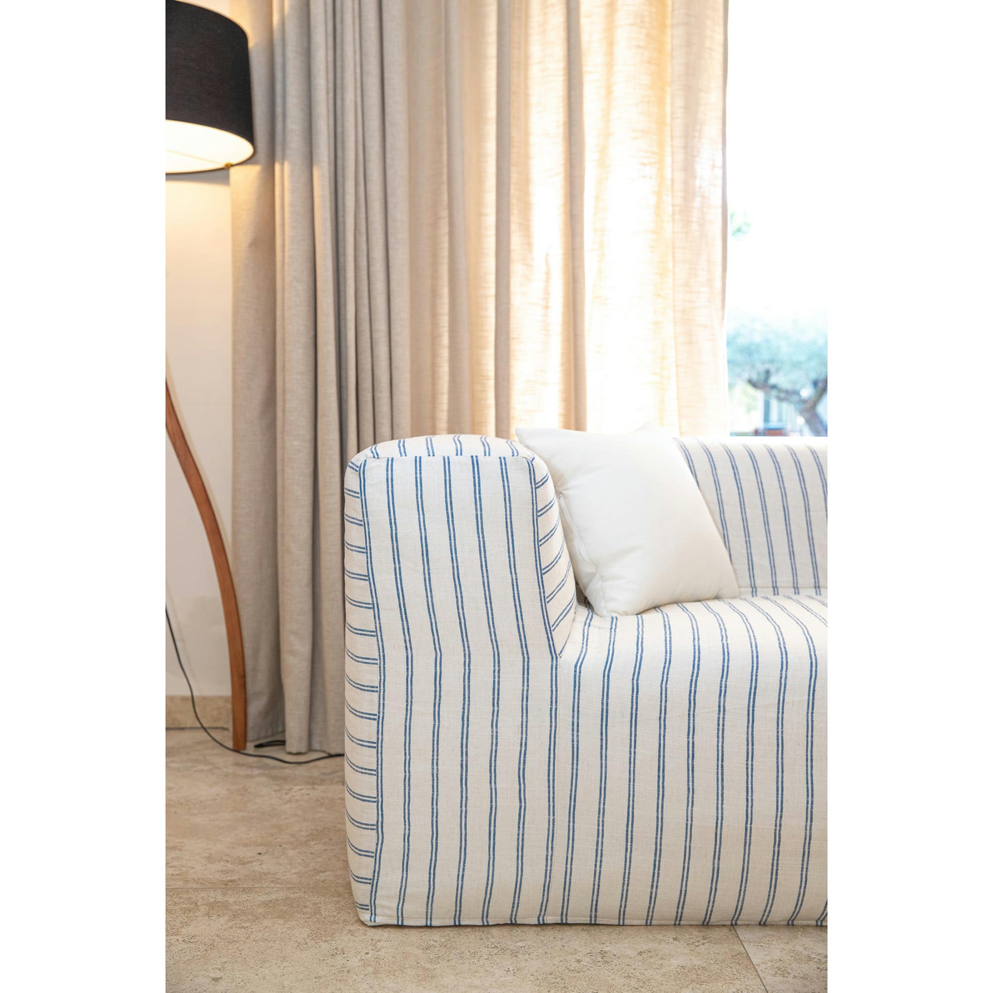 - Chauffeuse pour canapé modulable - Lin naurel rayé bleu