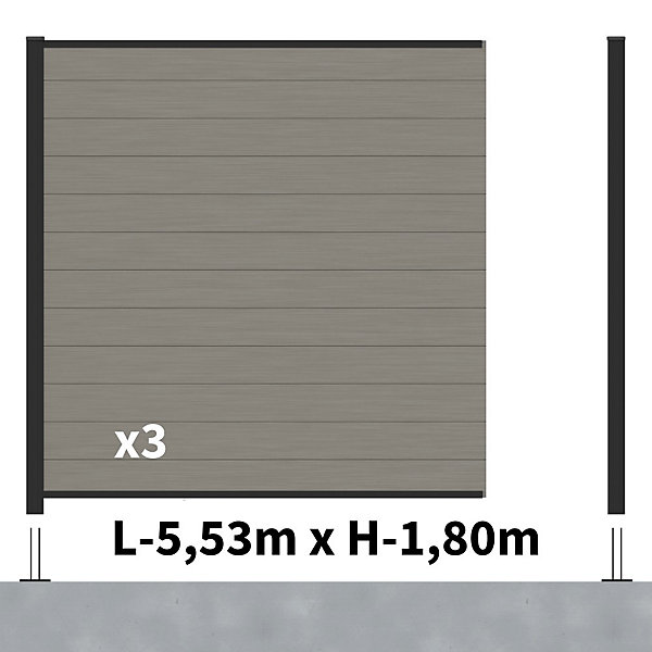 Kit Clôture Composite RIO Platines 5,5x1,8m - Bois composite &Aluminium - Poteaux Noir sur Platines- Brise vue - Palissade