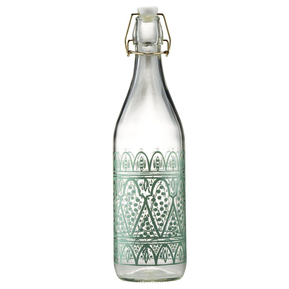 Bouteille en verre à fermeture mécanique motif ethnique vert Ø8xH32cm