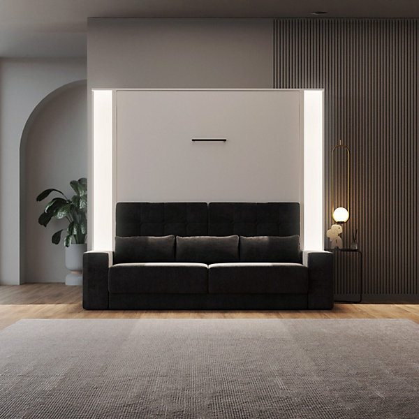 Lit escamotable ensemble 2 placards étagère et canapé 160x200cm Lit Mural Blanc inc.LED
