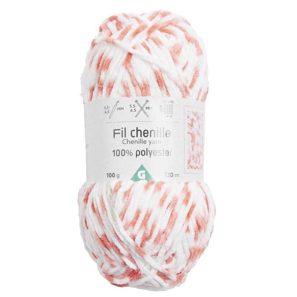 Pelote de fil à tricoter chenille blanc et orange 120m