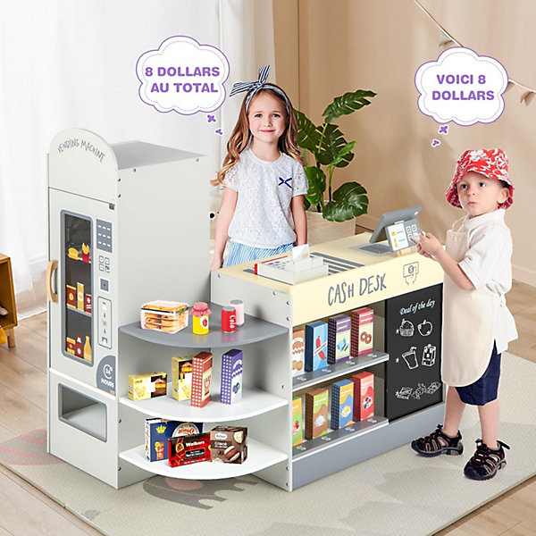 Ensemble de Jeu de Supermarché en Bois Autoportant pour Enfants, Tableau Noir, Caisse Enregistreuse, Gris