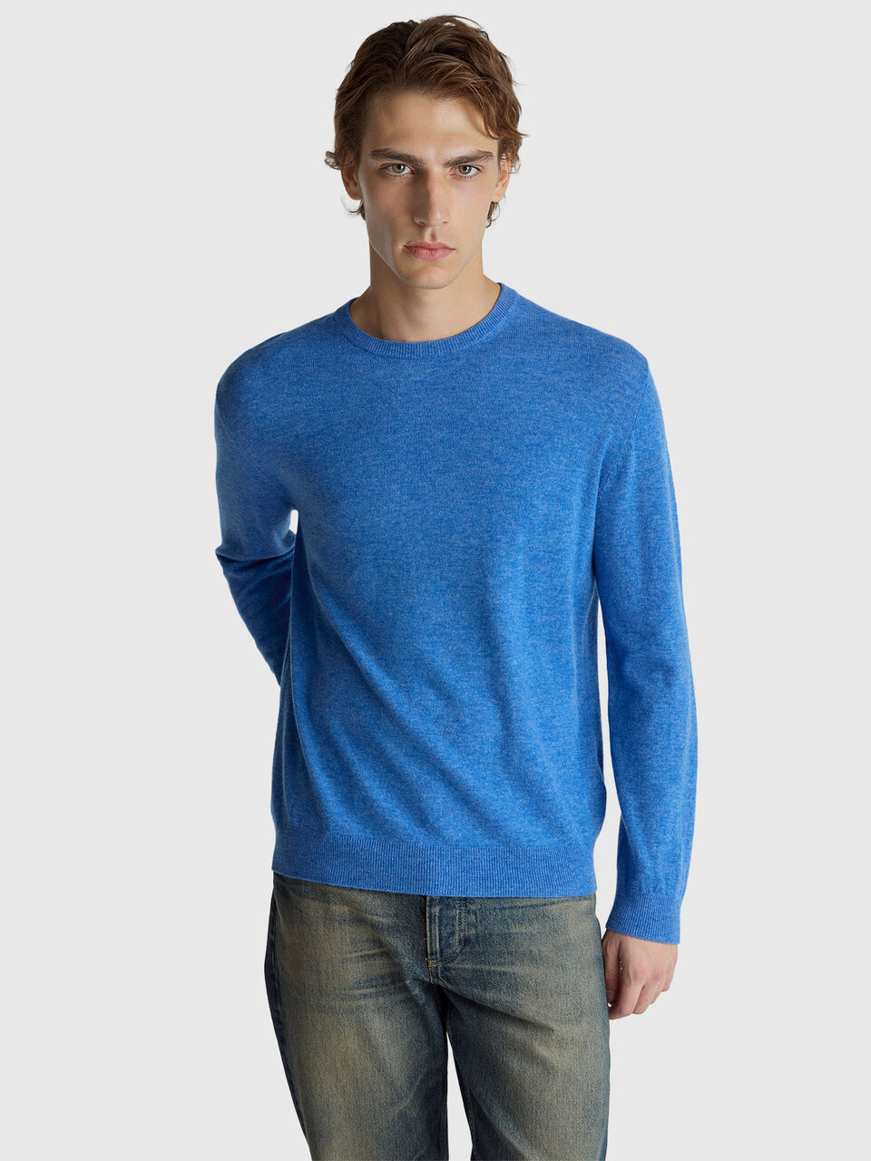 Marl blue crew neck sweater in pure Merino wool