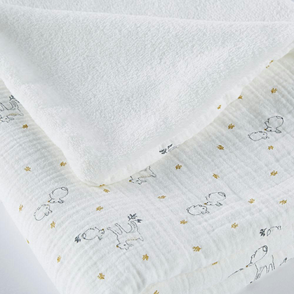 MIMIZAN - Couverture bébé blanche, grise et jaune moutarde motifs animaux 75x100