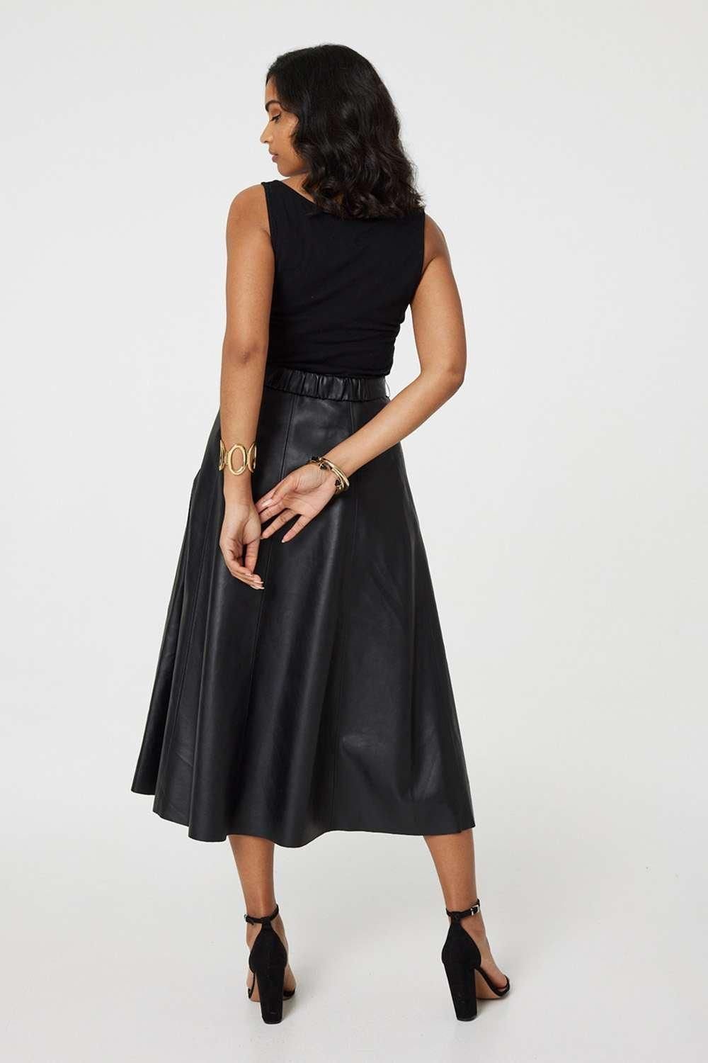 Izabel London Faux Leather Belted Midi Skirt
