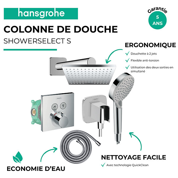 Colonne de douche thermostatique HANSGROHE ShowerSelect E Douche de tête Vernis Shape Flexible Metaflex Douchette Vernis B chromé