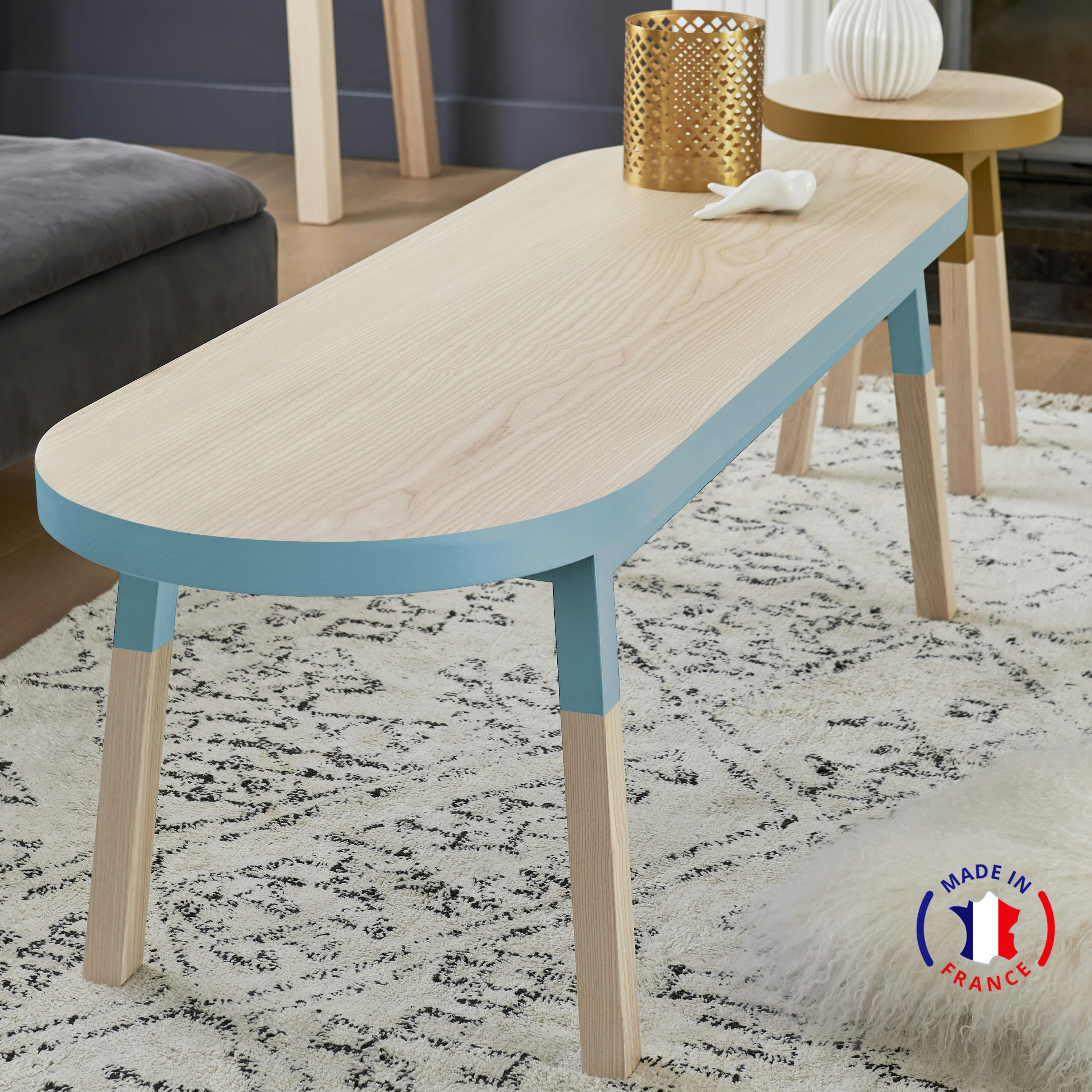 EGEE - Table basse banc 140 cm, 100% frêne massif bleu briac