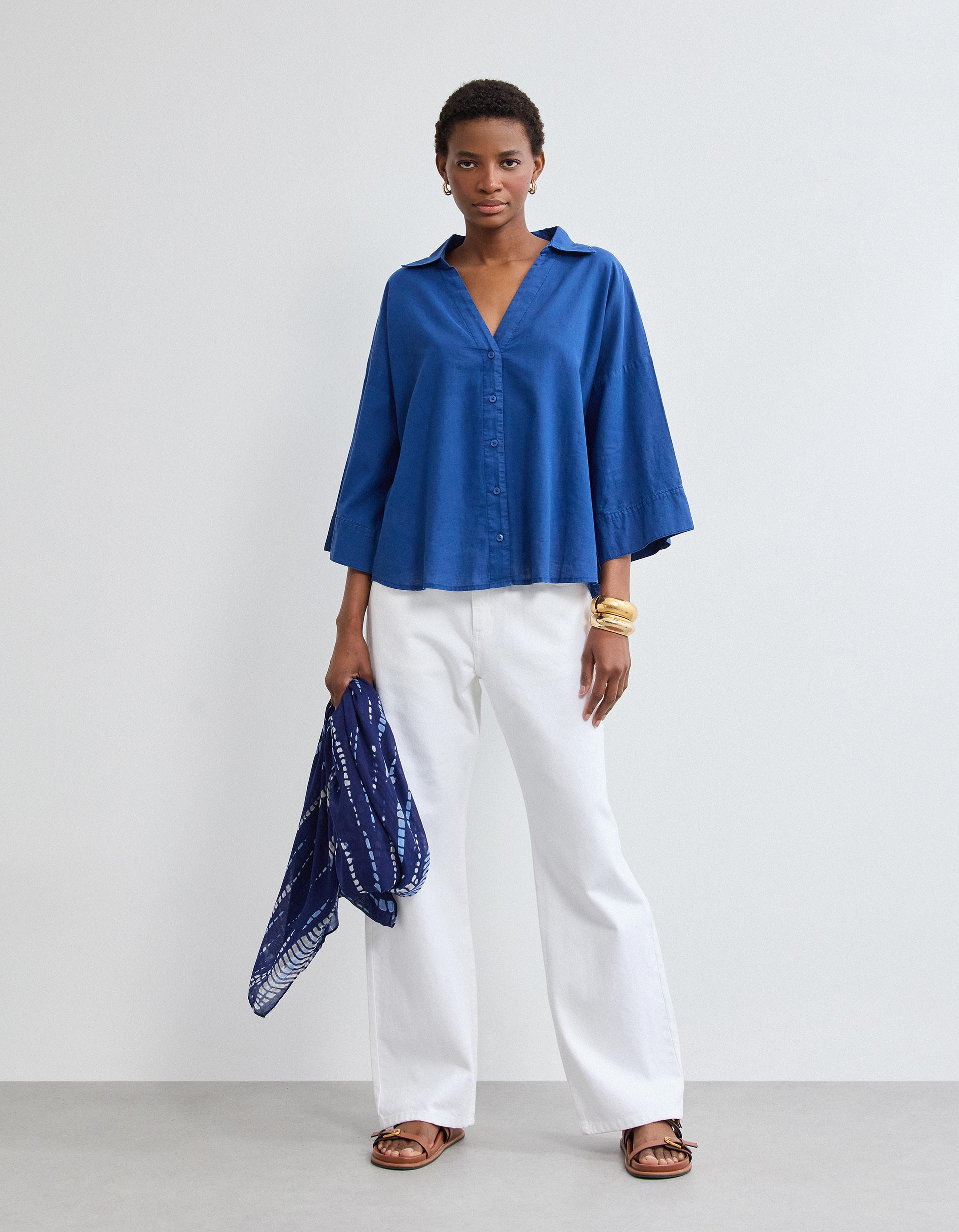 Blusa com Linho, Mulher, Azul