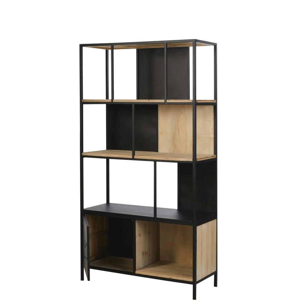 Rebel - Bibliothèque 1 porte en sapin et métal noir