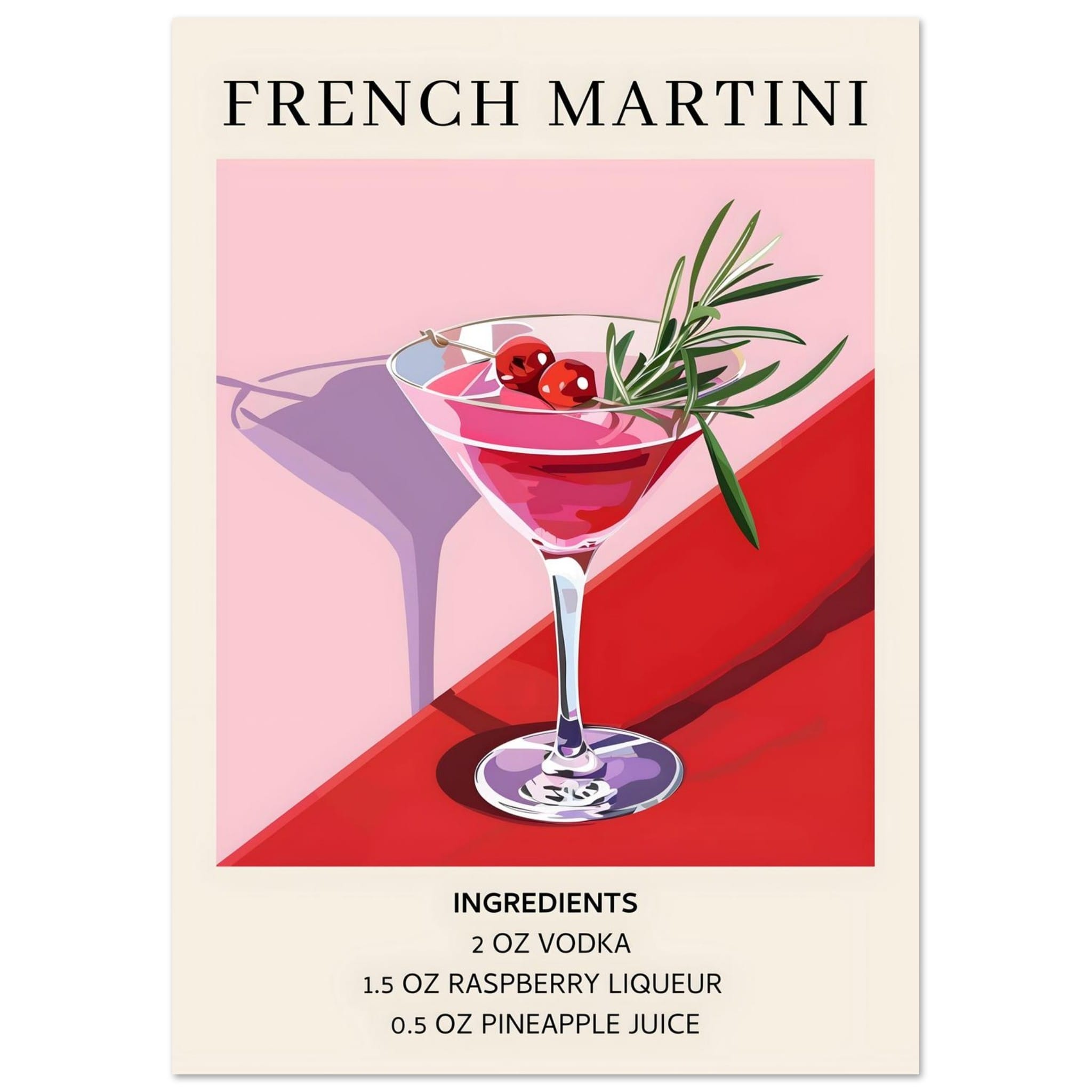 Artfulprints Poster French Martini cocktail - Ingrediënten  - A4 21x29.7 cm - Roze
