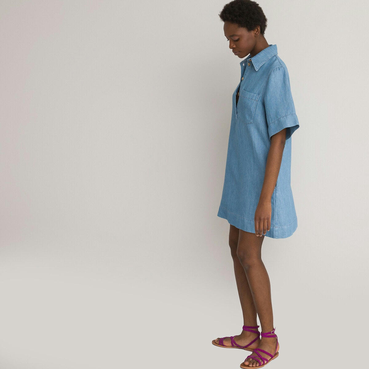 Robe droite en denim, courte, manches courtes