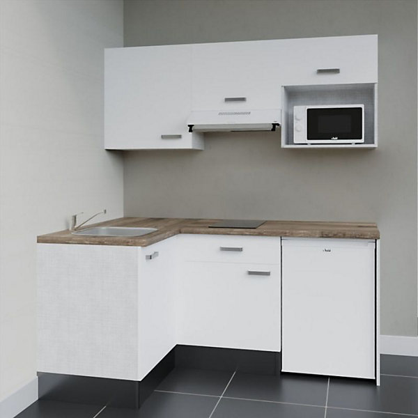 Kitchenette KA03 façades Blanc - Plan de travail Bois - Crédences : Non - Evier inox - Electroménager Blanc inclus
