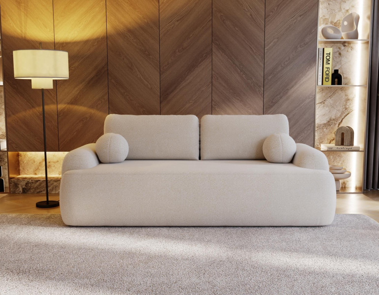 Stylowa kremowa sofa CLOUDY 260cm w tkaninie typu baranek z funkcją spania