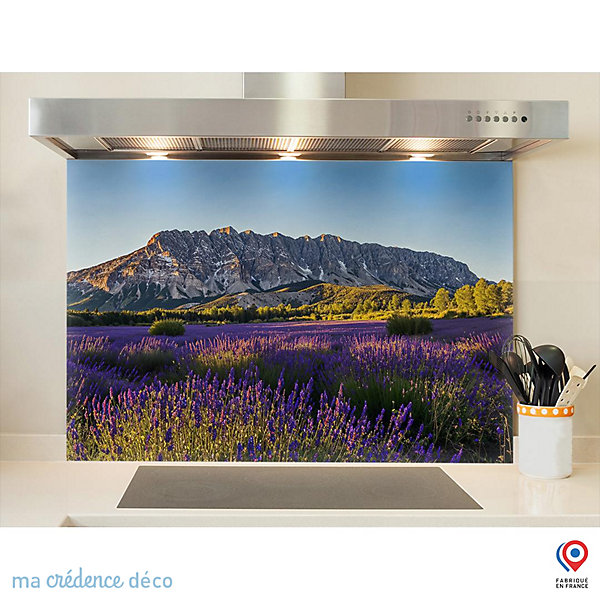 Crédence cuisine fond de hotte fleurs de lavande et montagen Sainte Victoire - Verre trempé - L 90 cm x H 60 cm - MaCrédenceDéco