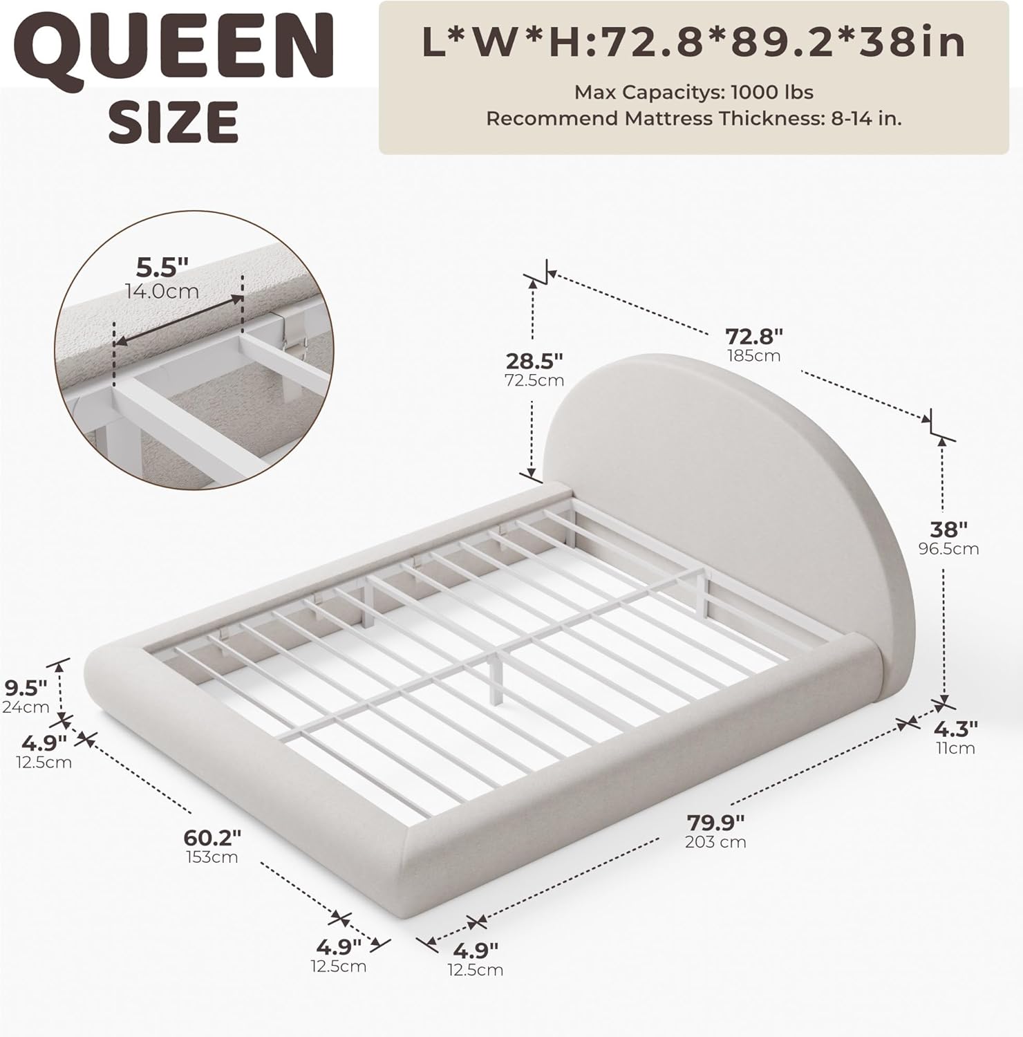 RECCI Half-Moon Upholstered Queen Platform Bed Frame, Velvet Curved Arched Base with Headboard, 5 Inch Fully Round Cushioned Foam, No Box Spring Needed, Easy Assembly | Round Shaped, Boucle, Low-profile, Soft