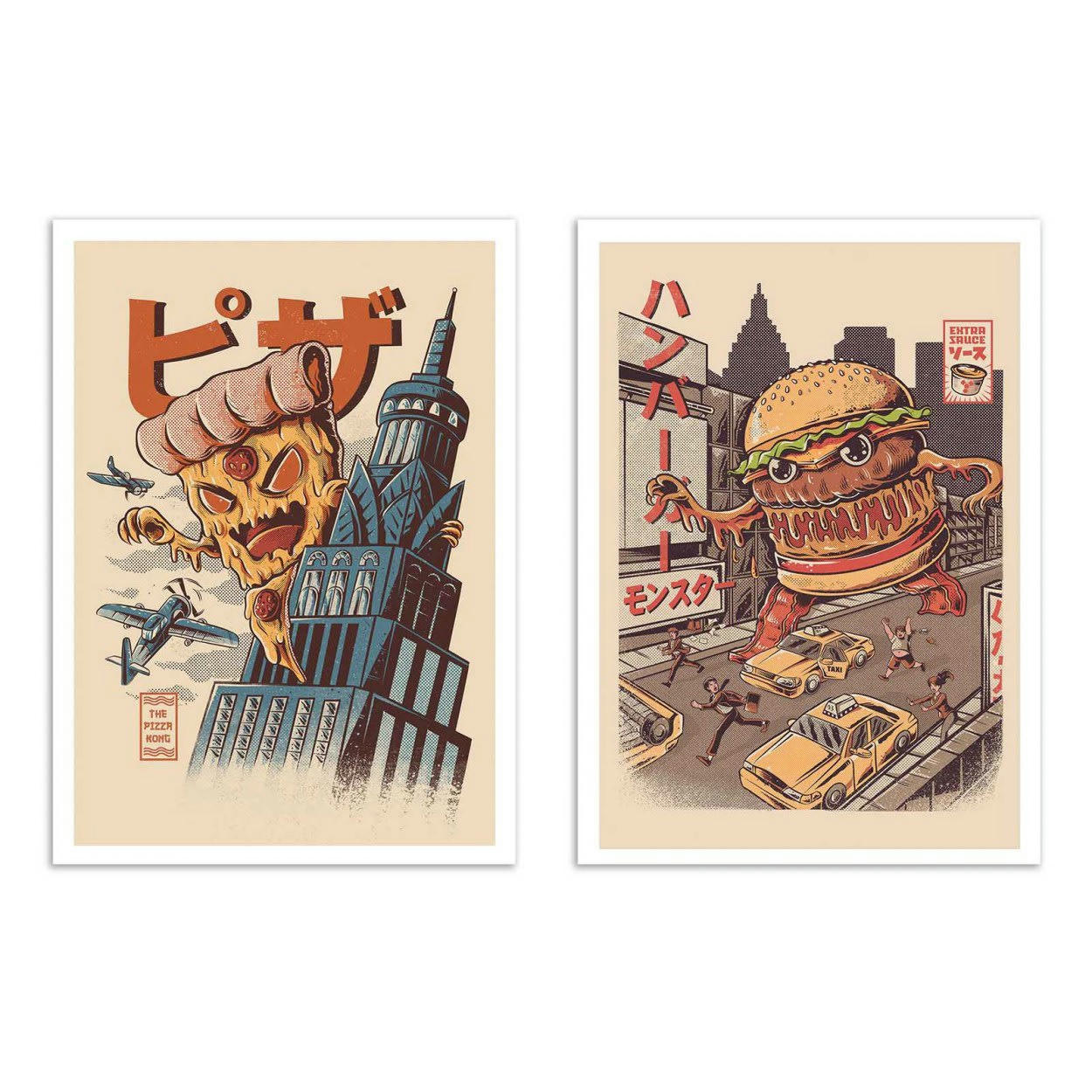 ILUSTRATA - BURGERZILLA AND PIZZA KONG - 2 Affiches d'art 30 x 40 cm
