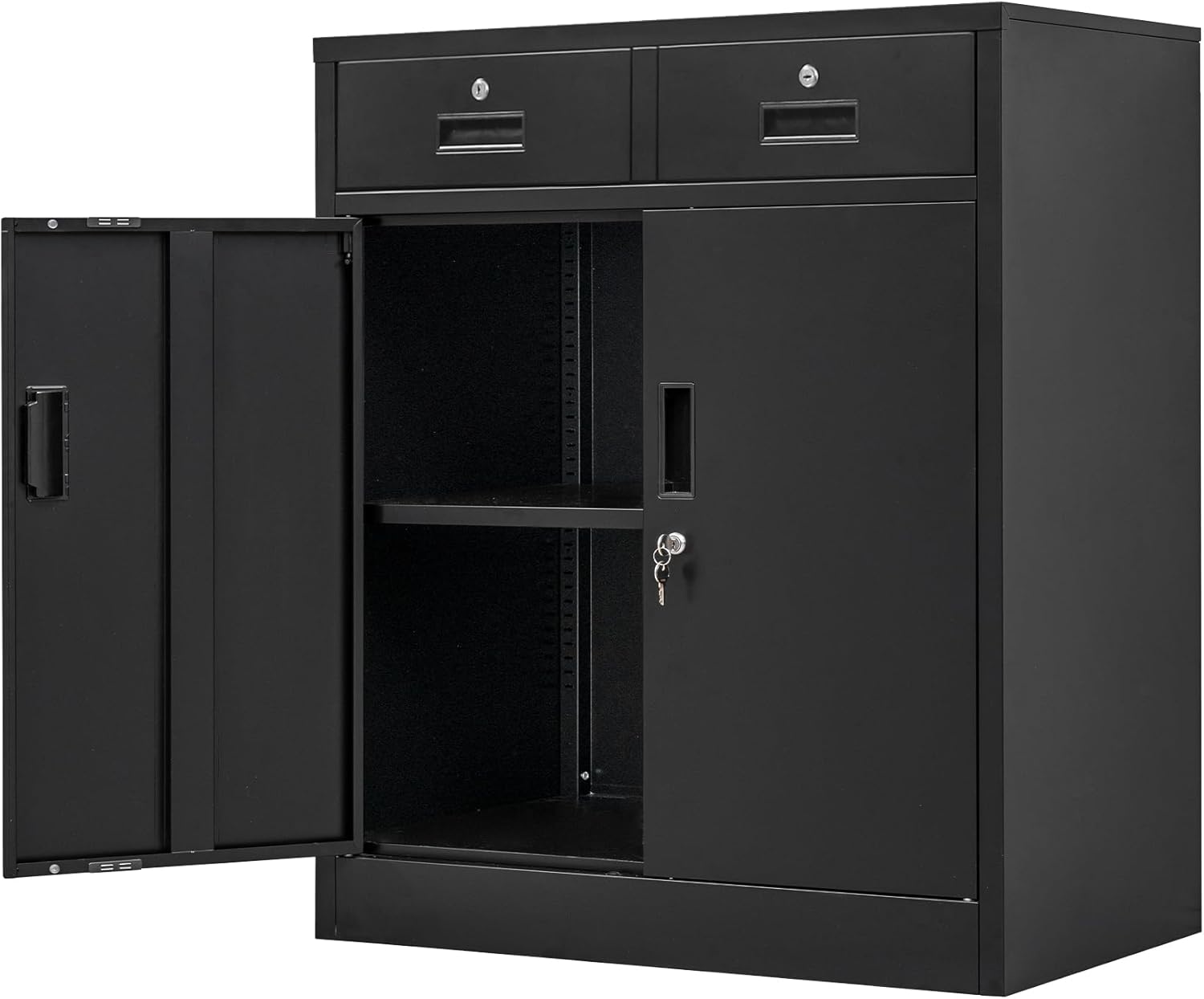 Wanfu Metal Storage Cabinet, 36 H Locking Storage Cabinet with 2 Drawers and Adjustable Shelf, Metal Cabinets for Office, Garage, Home-Black