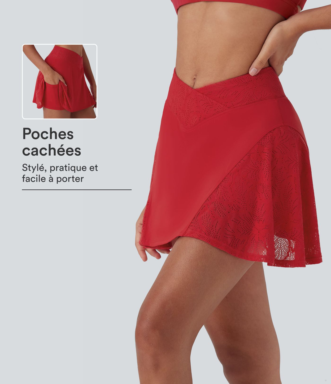 Jupe mini de yoga 2-en-1 SoftlyZero™ Airy croisée taille haute avec dentelle contrastante, à effet frais InstantCool et poche, protection solaire UPF50