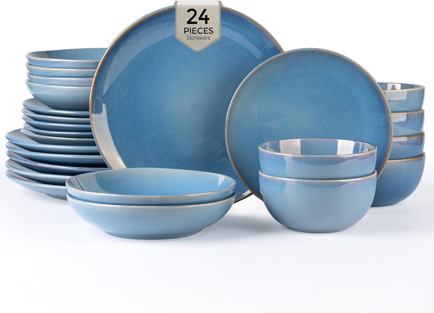 GBHOME Dinnerware Sets with Double Bowls for 6, 24 Pieces Stoneware Plates and Bowls Set, Scratch Resistant Ceramic Dishes Set, Dishwasher & Microwave Safe-Alaskan Blue