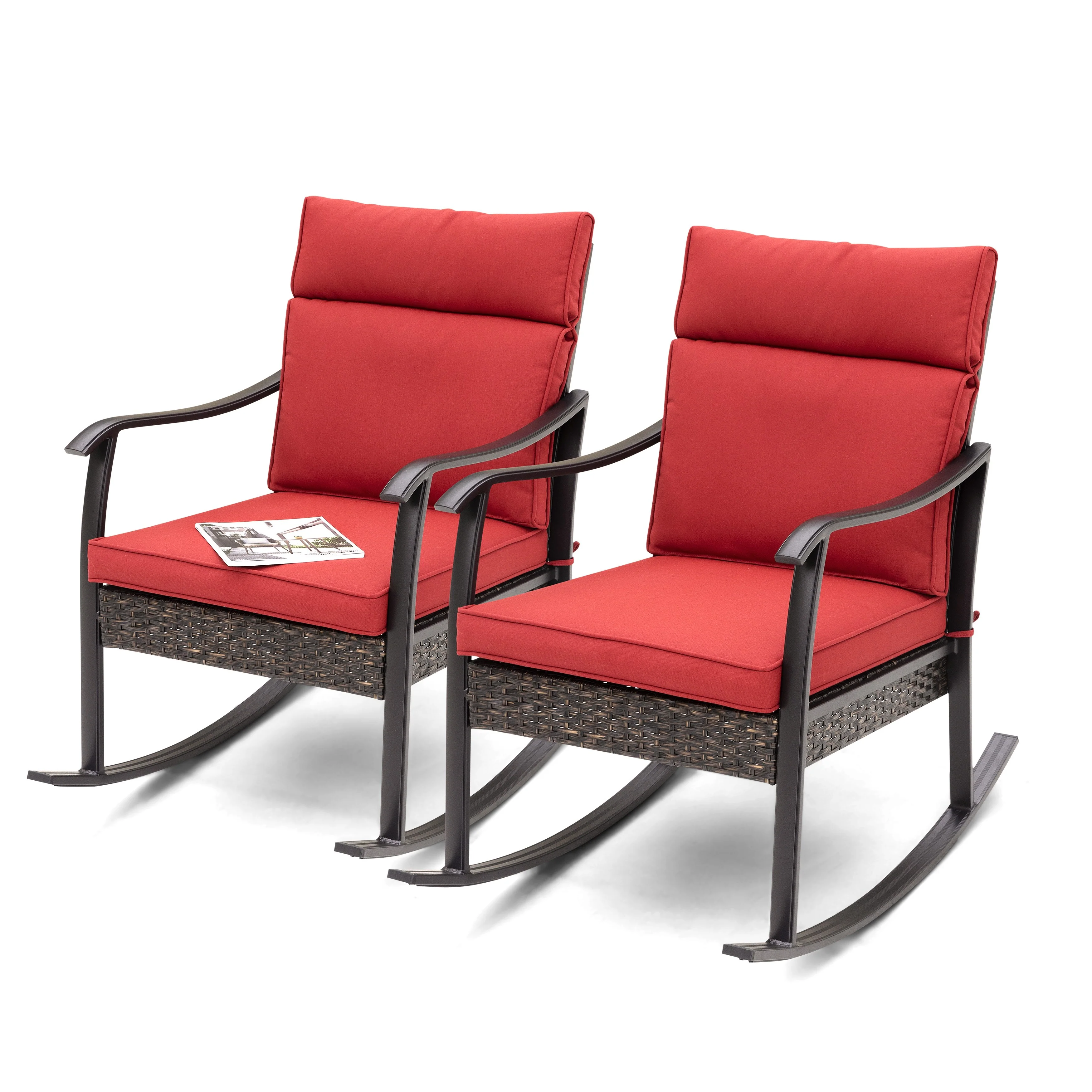 Outdoor Patio Rattan Rocking Single Chair with Red Padded Cushions