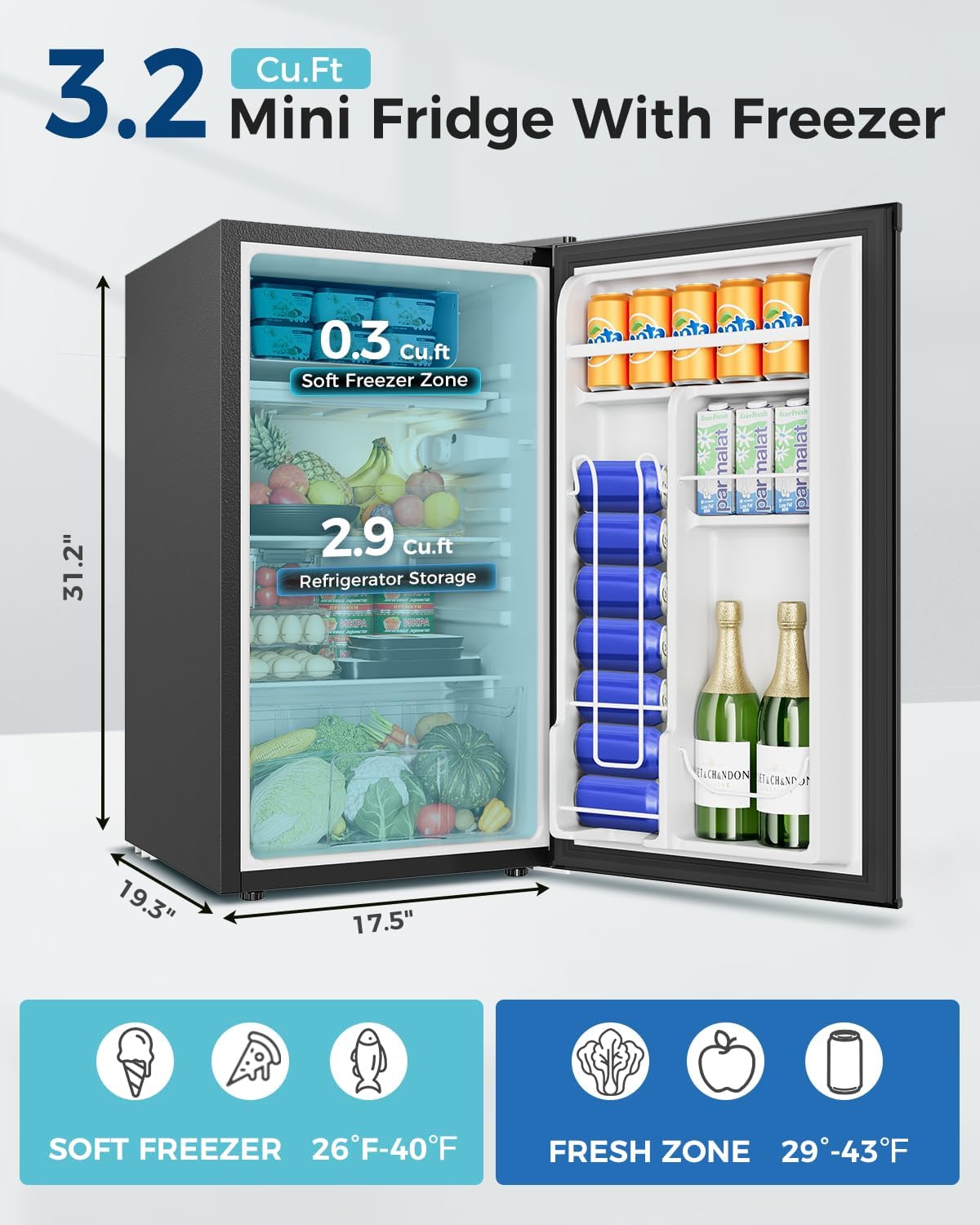 Mini Fridge with Freezer - 3.2 Cu.Ft Single Door Mini Refrigerator with Adjustable Thermostat, Low Noise, Energy Saving, Small Fridge for Bedroom, Apartment, Dorm, Classroom, Office - Silver