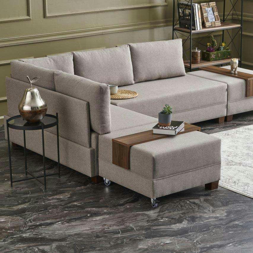 GIALOS - Canapé d'angle convertible en tissu beige fly angle gauche