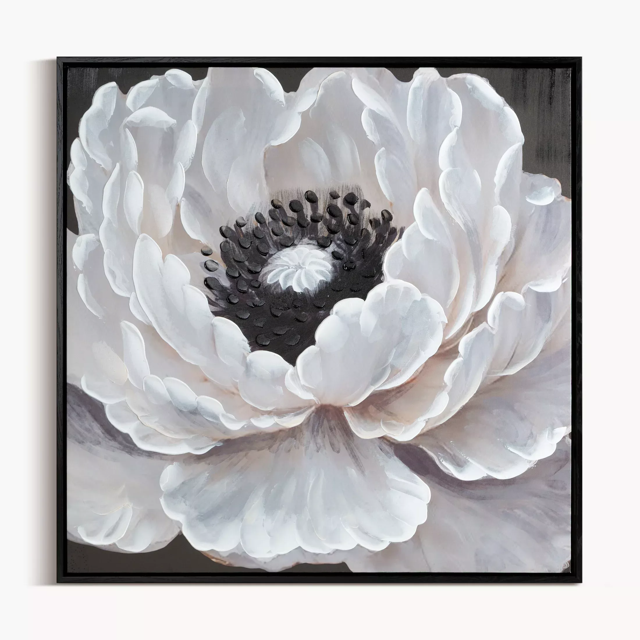 Obraz kremowo, czarny ręcznie malowany na płótnie kwiat 60x60 cm