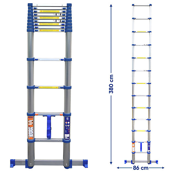 Echelle Télescopique 3,8M - Echelle Pliante, Escamotable, Fabriquée en Aluminium, Qualité Pro, Certification 150 kg, EN131