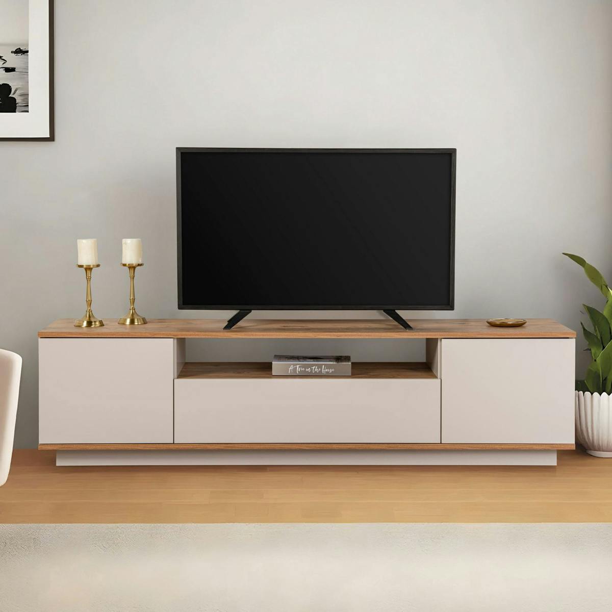 Meuble TV moderne 3 portes beige crème et effet pin MARFA