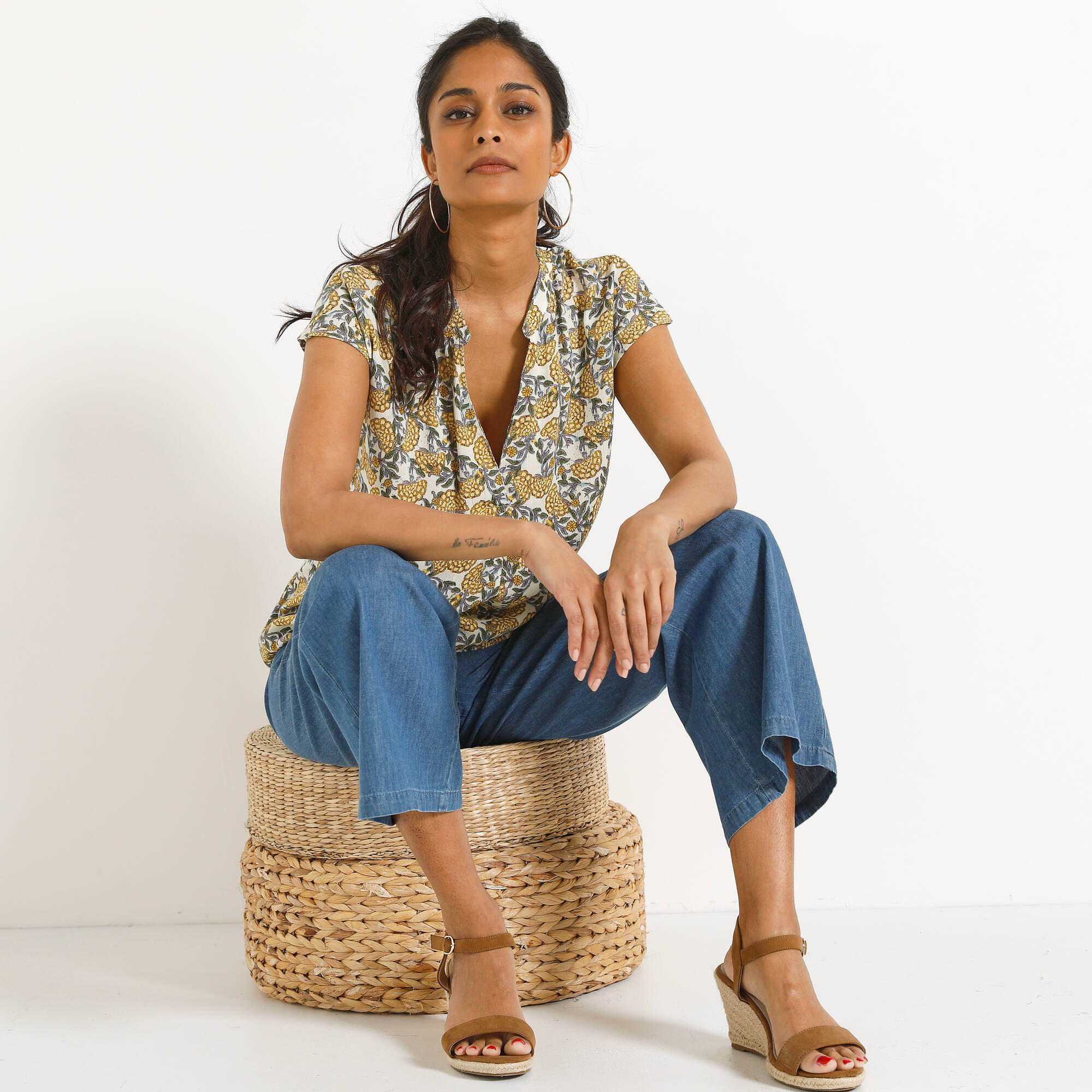 Blouse col tunisien sans manches, crépon